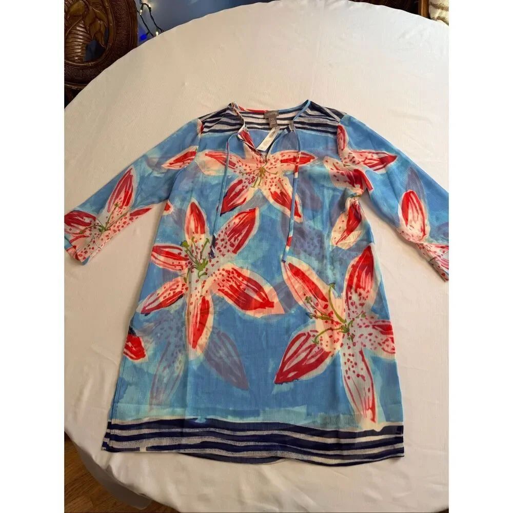 Chico’s Size 0 Blue Floral Lily Print Tunic Top 3/4 Lightweight Women’s Small